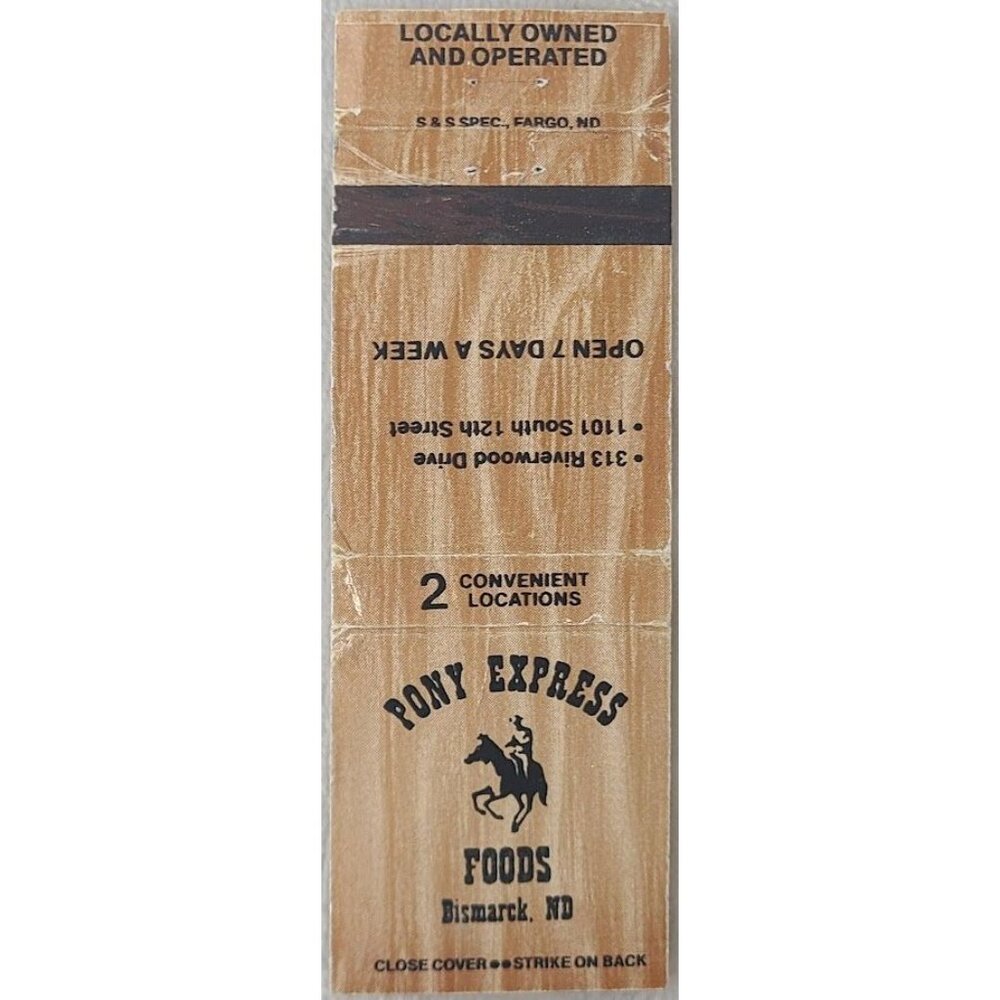 VTG Matchbook Cover Pony Express Foods Bismarck ND North Dakota Brown Woodgrain